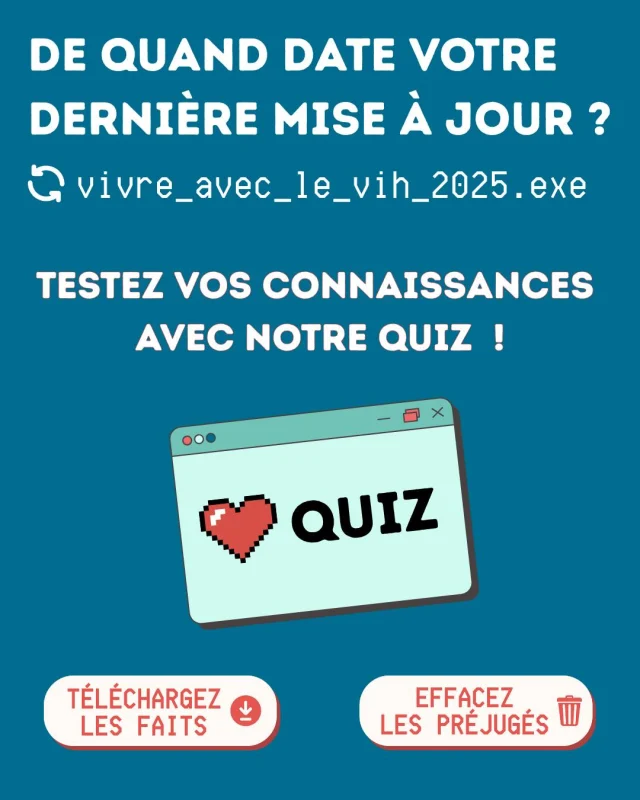 Á quel niveau êtes-vous informé·es sur le VIH ? Êtes- vous bien sûr·e que votre dernière mise à jour des informations ne date pas des années 90 ? 😏

Testez vos connaissances avec notre quiz ! 3 niveaux de difficulté, 5 min par niveau.

🔗 LE LIEN EST DANS NOTRE BIO ! 
Ou : https://preventionsida.org/fr/vih-lequizz 

⬇️ Téléchargez les faits.
🆑 Effacez les préjugés.

#vih #infos #quiztime