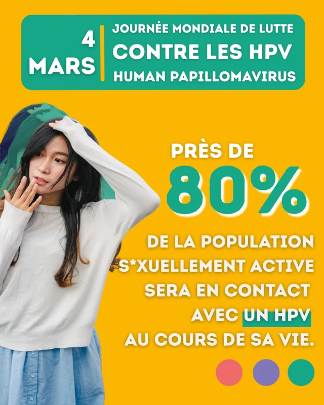 Chaque année, le 4 mars est dédié à la sensibilisation au HPV. Les HPV (Human PapillomaVirus) sont extrêmement courants.
La plupart du temps, ils disparaissent seuls mais certains peuvent provoquer des condylomes (sorte de petites verrues gén*tales) ou des cancers (col de l'utérus, gorge, an*s, ...).

‼️ Il est donc vraiment important de penser à la vaccination et au dépistage des HPV. 
Parlez-en. Protégez-vous. Informez-vous ! 

✅ Dans notre brochure, vous trouverez toutes les infos importantes ainsi qu'un quiz pour tester vos connaissances sur les HPV. 
🔗 Vous pouvez la commander par ici : https://preventionsida.org/fr/espace-pro/adultes/adultes-brochures/

#hpv #prevention #vaccination #depistage